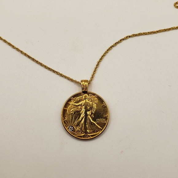 1945 Walking Liberty Half Dollar Pendant with Crystal & Chain - Picture 5 of 8